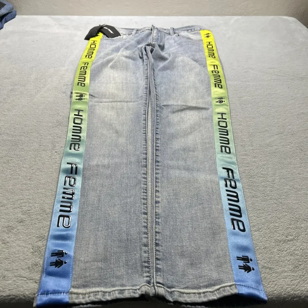 NWT Homme Femme Straight Fit Jeans Mens 34x30 Striped Colorful Designer Retro